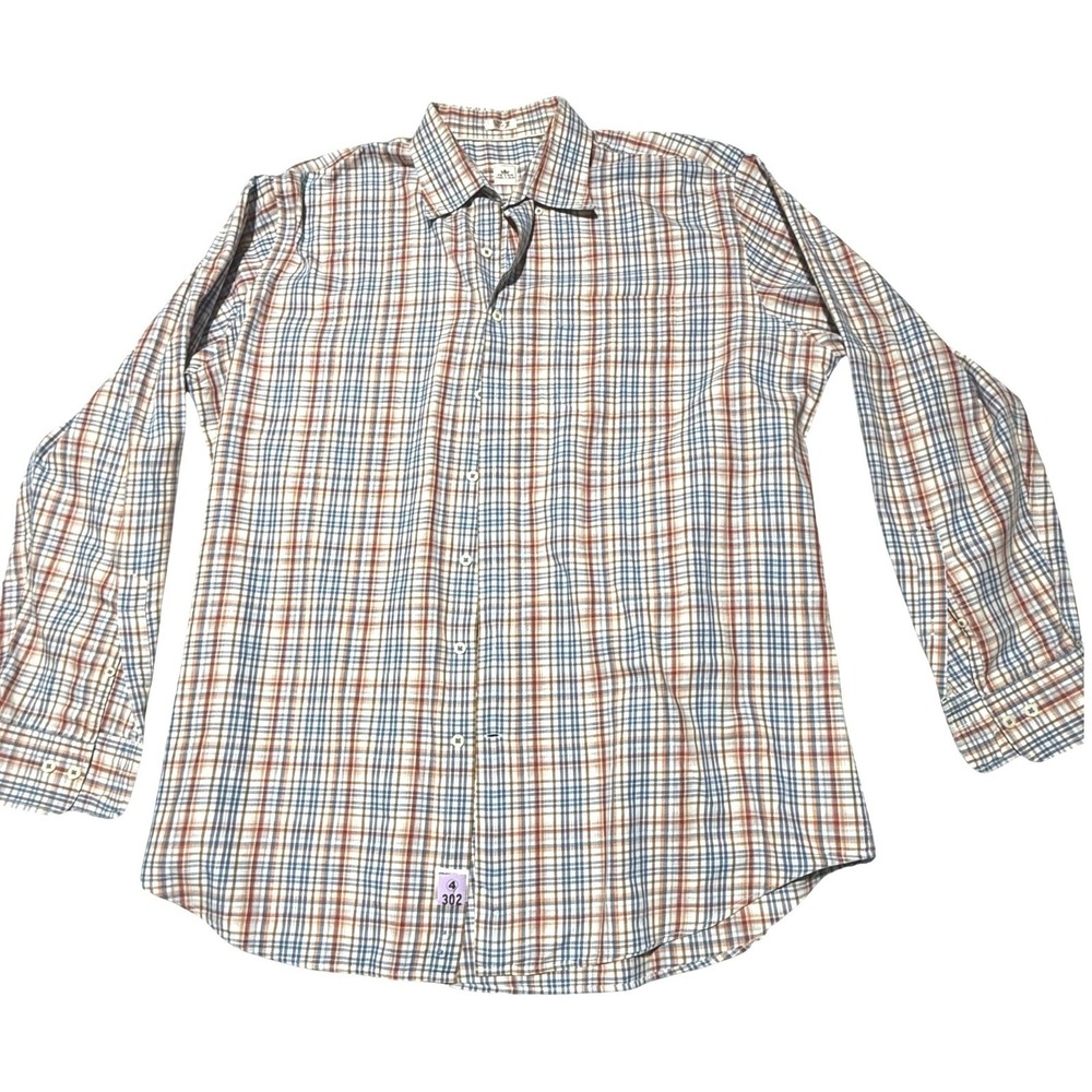 Peter Millar Mens XL Plaid Button Down Shirt Blue Orange Cotton Silk Lyocell